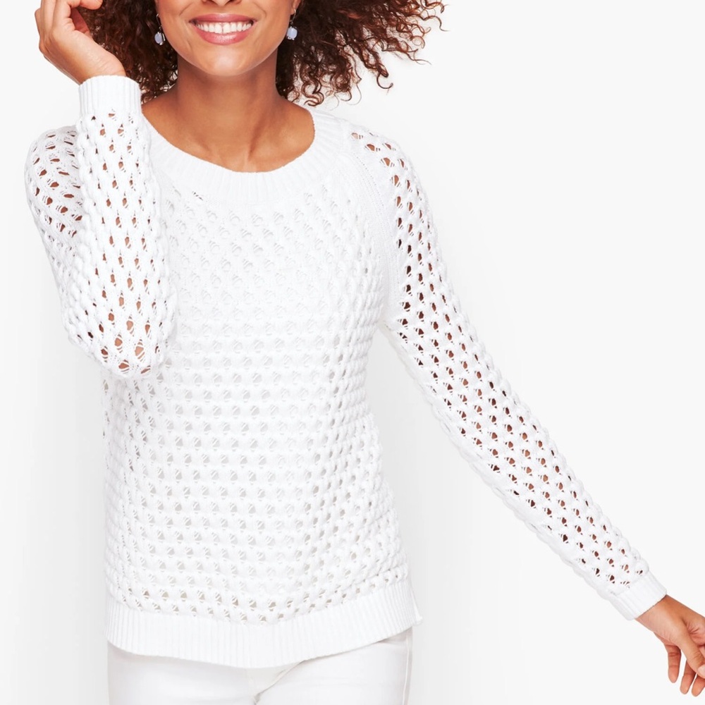 TALBOTS BATEAU NECK OPEN STITCH SWEATER SIZE SMALL COLOR WHITE COTTON BLEND